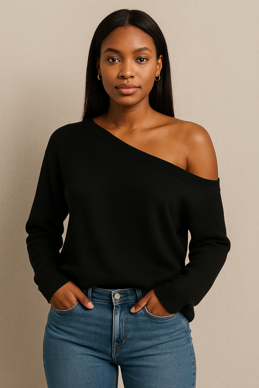 European & American Style Solid Color Off-Shoulder Sweater for Women
