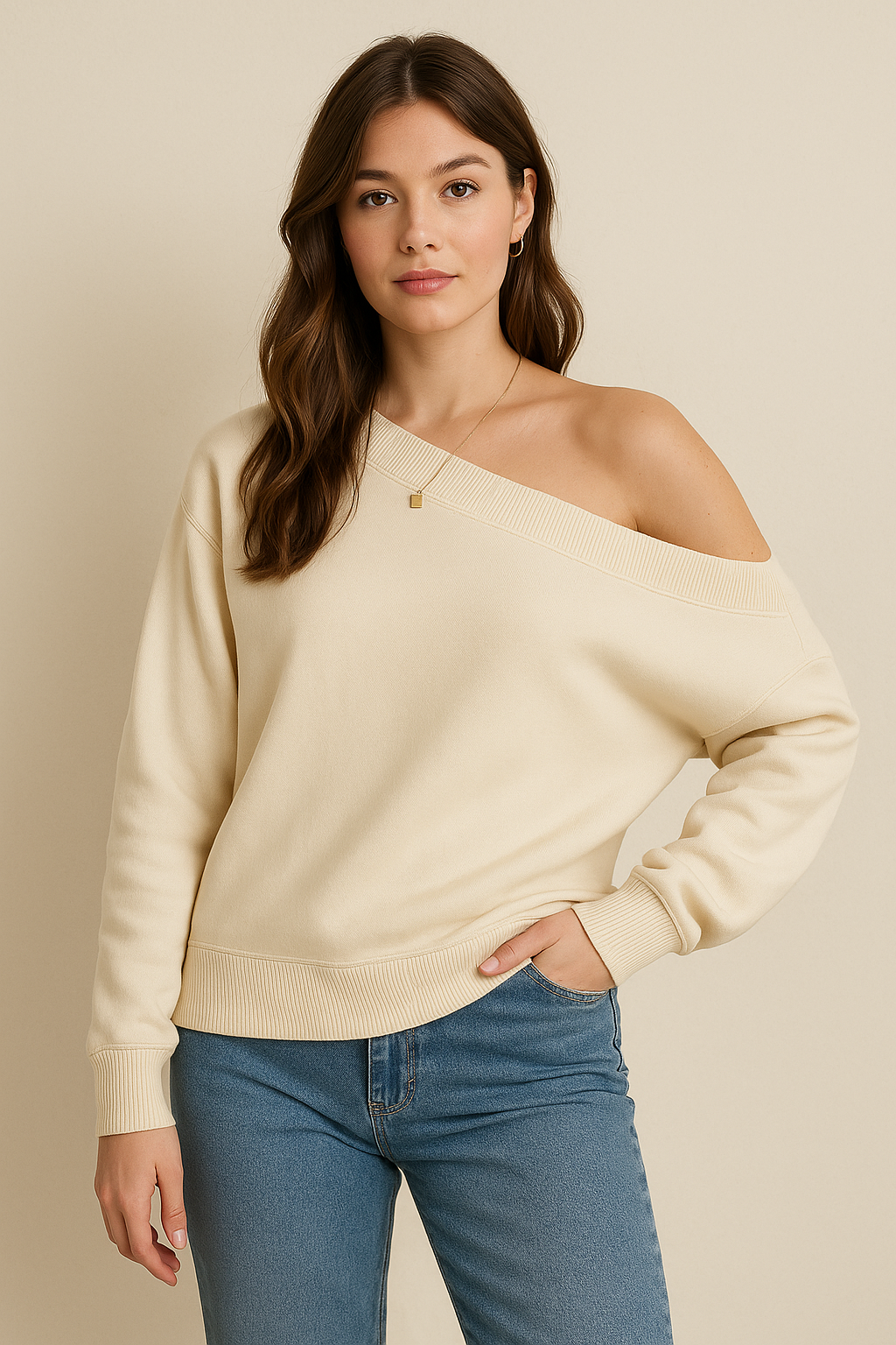 European & American Style Solid Color Off-Shoulder Sweater for Women