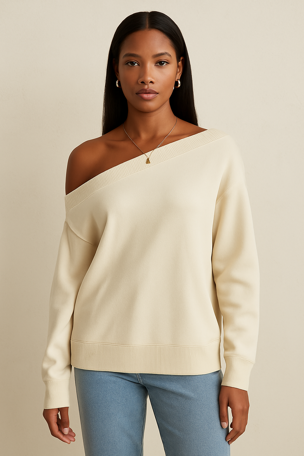 European & American Style Solid Color Off-Shoulder Sweater for Women